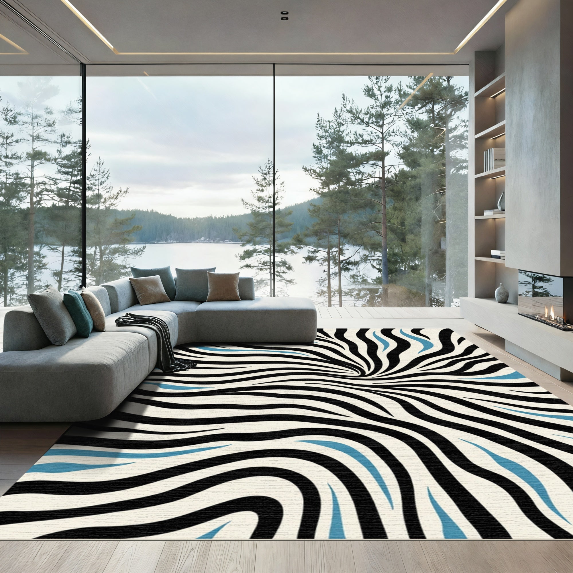 Abstract Black White Blue Swirl Rug