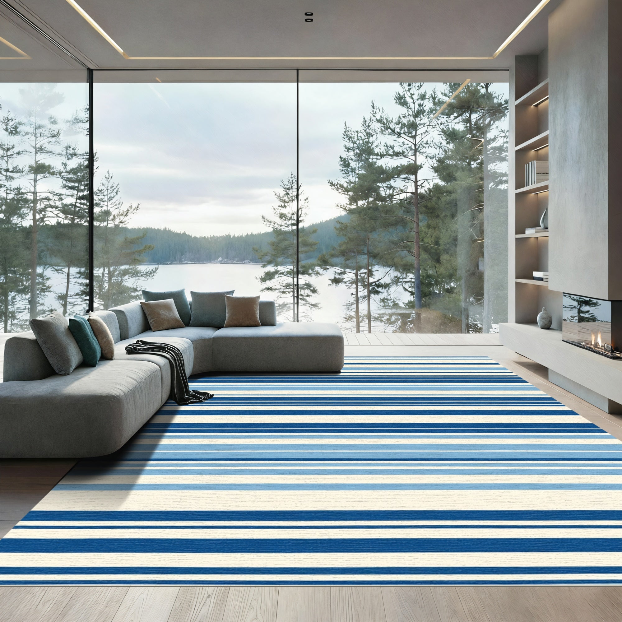 Nautical Multi Blue Horizontal Stripes Rug