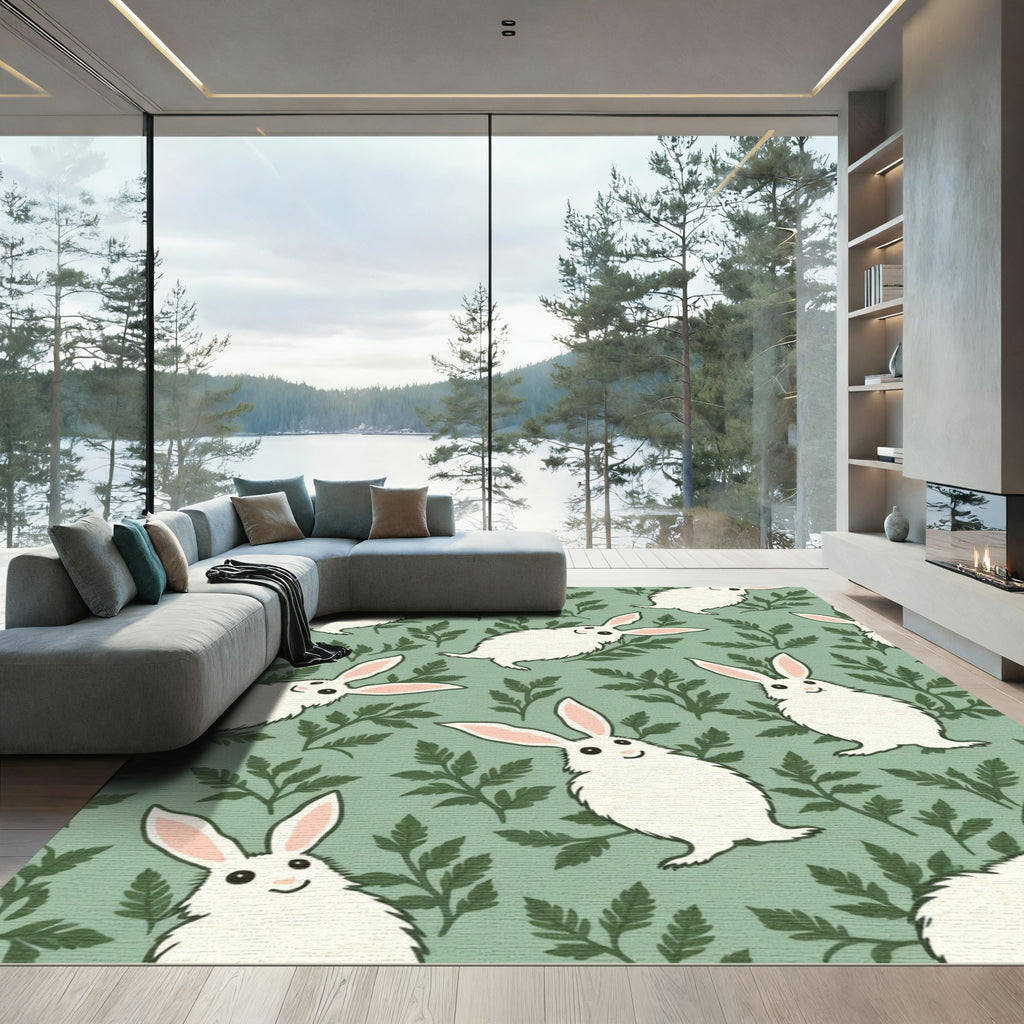 Whimsical White Bunny Foliage Field Rug
