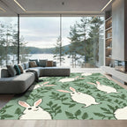 Whimsical White Bunny Foliage Field Rug
