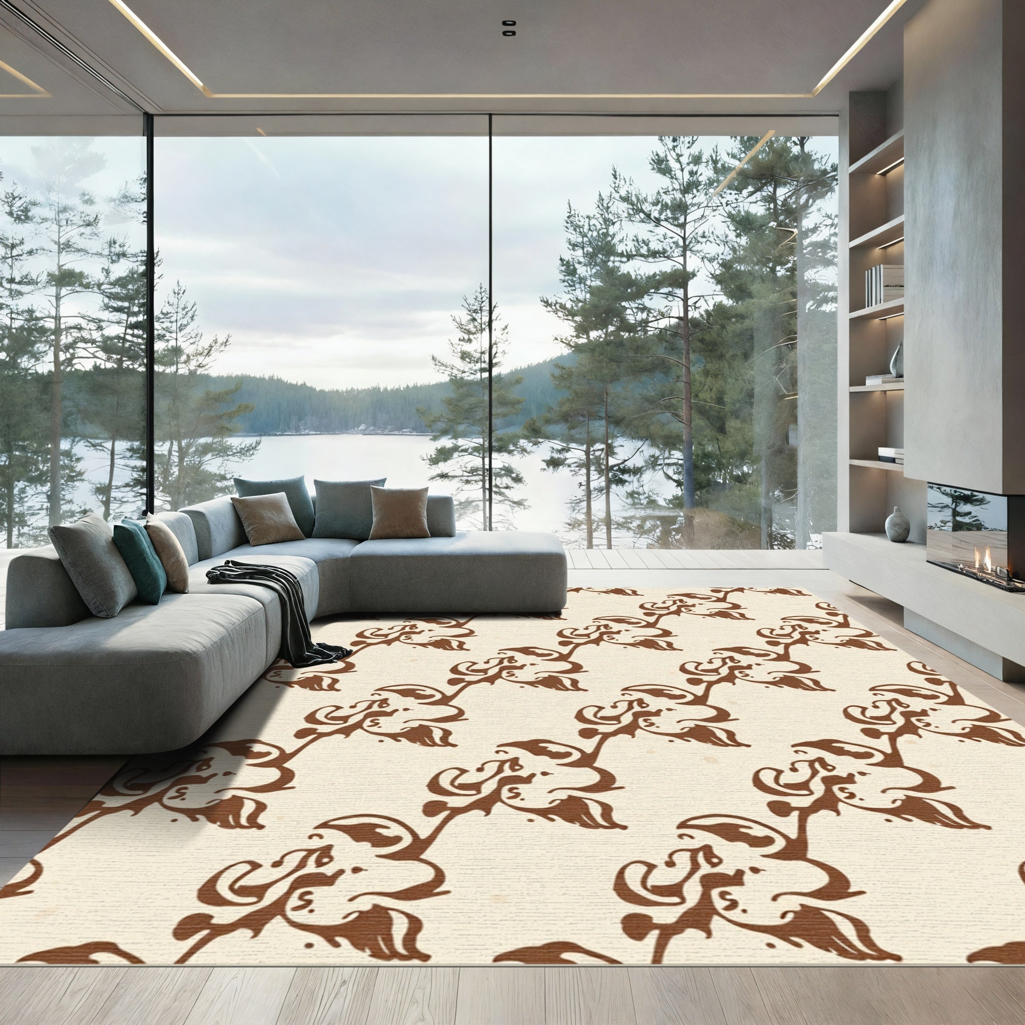 Retro Dark Brown Floral Scroll Rug