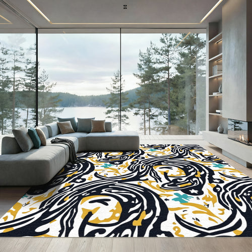 Bold Black Yellow Bird Floral Rug