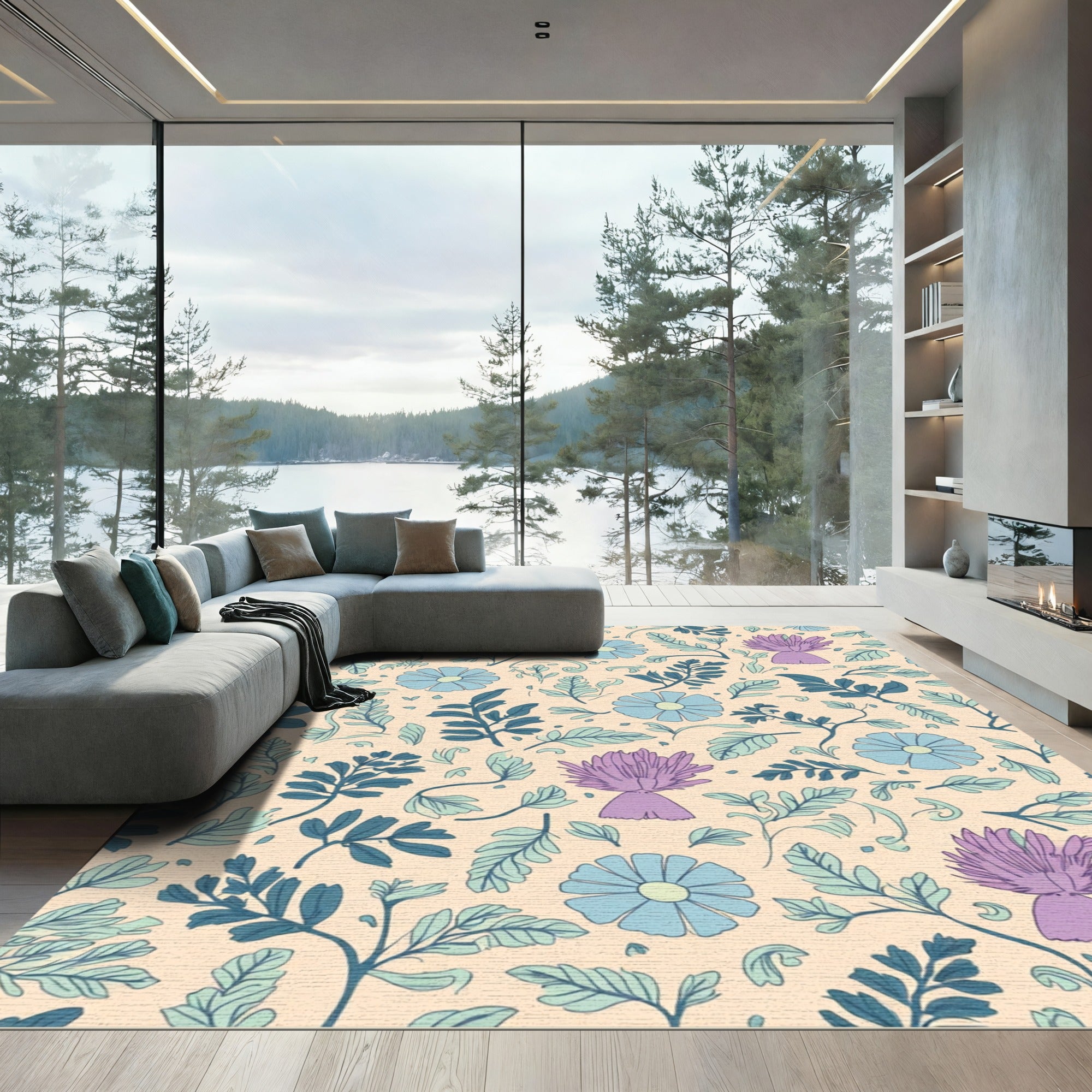 Pastel Blue Purple Floral Meadow Rug