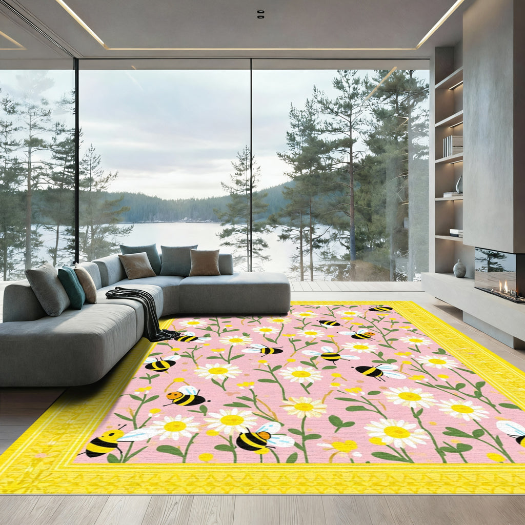 Pink Daisy Bee Garden Whimsical Rug