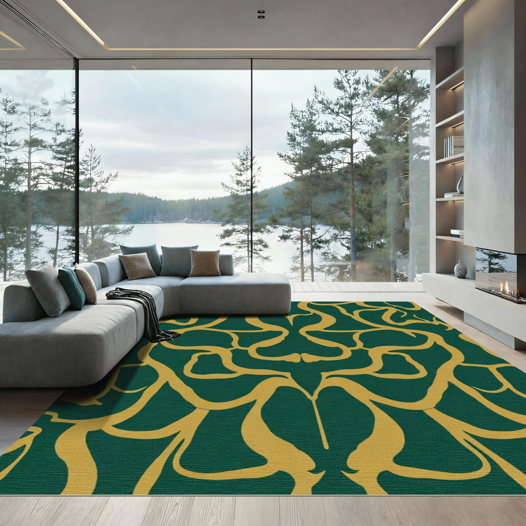 Deep Emerald Golden Curving Swirl Rug