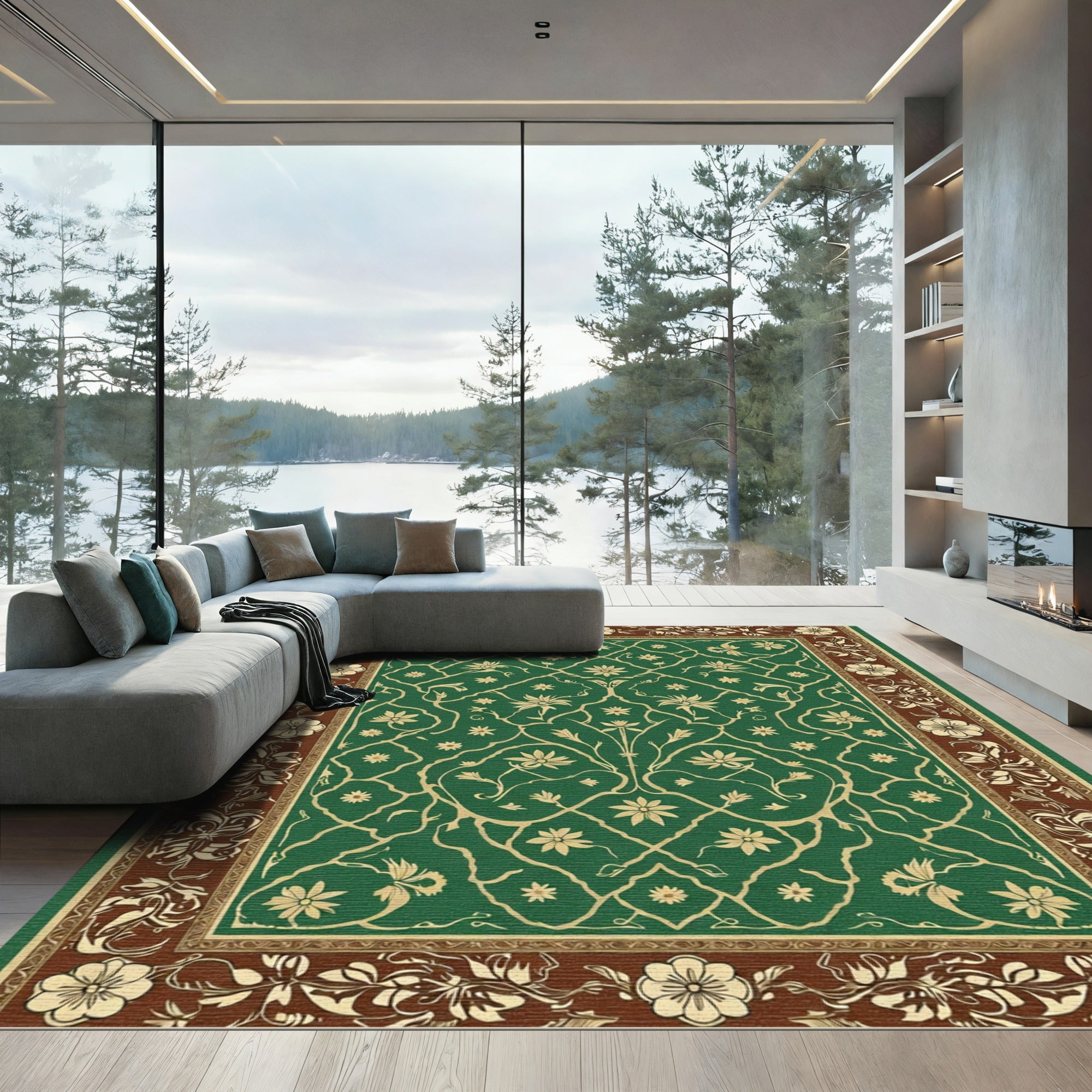 Verdant Floral Lattice Border Art Rug