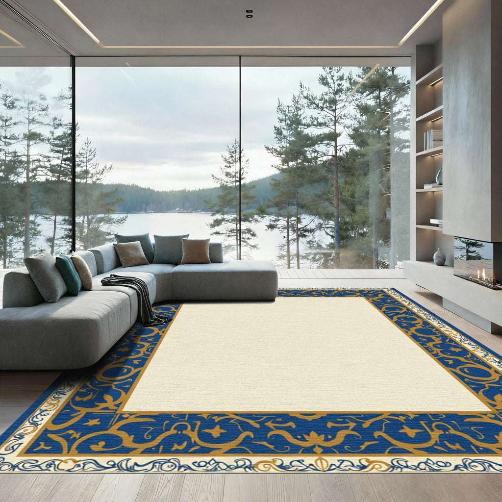 Rich Cobalt Blue Golden Vine Border Rug
