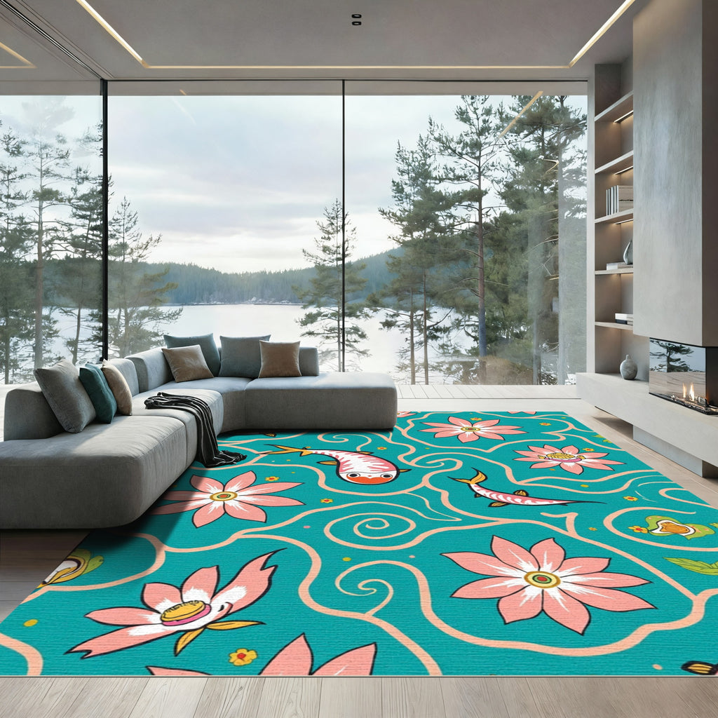 Whimsical Pink Koi Floral Teal Swirl Rug
