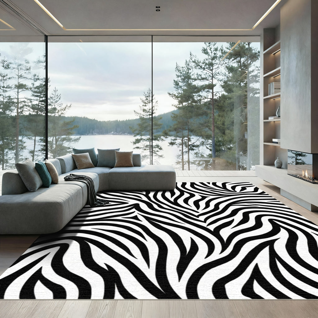 Bold Black White Wildlife Lines Rug