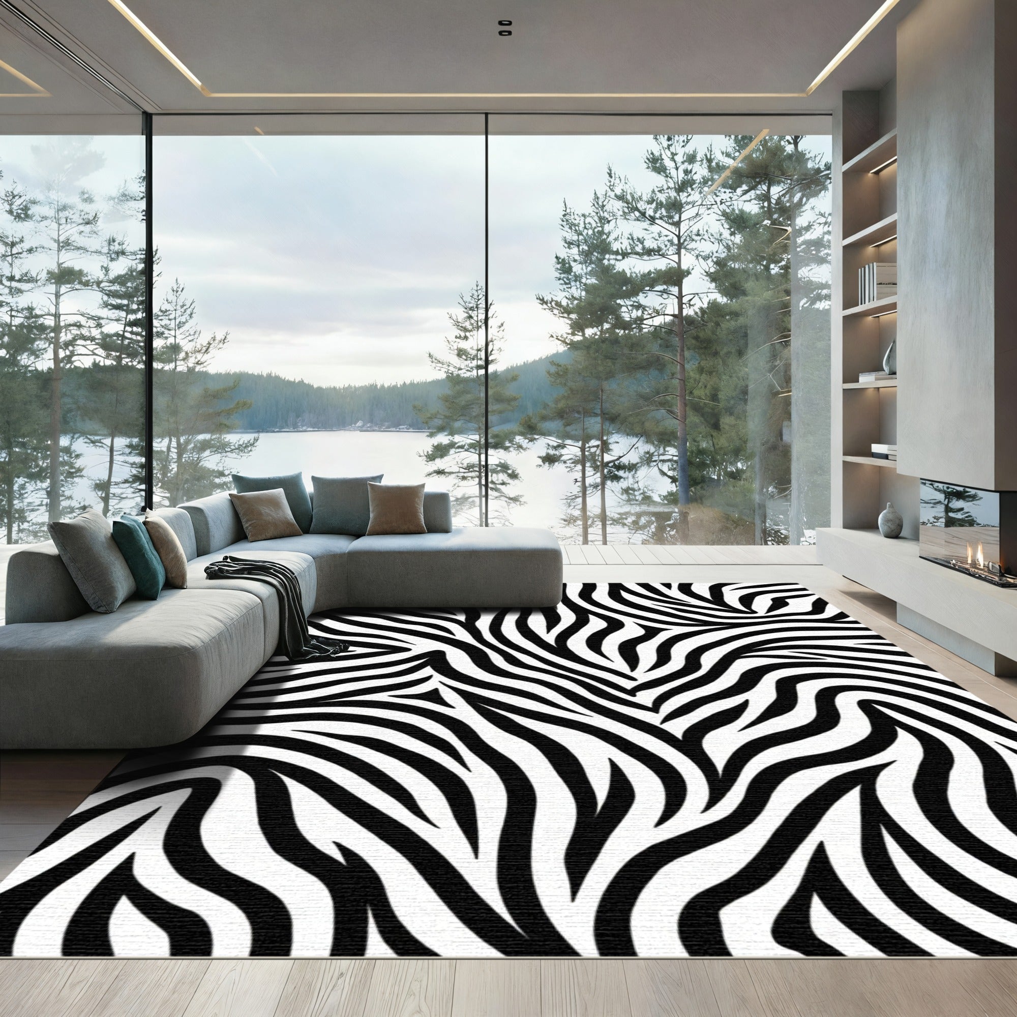 Bold Black White Wildlife Lines Rug
