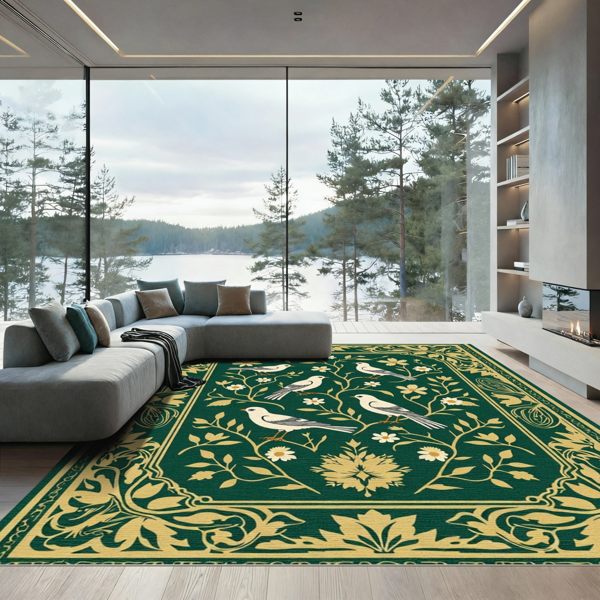 Elegant Green Gold Bird Floral Vine Rug