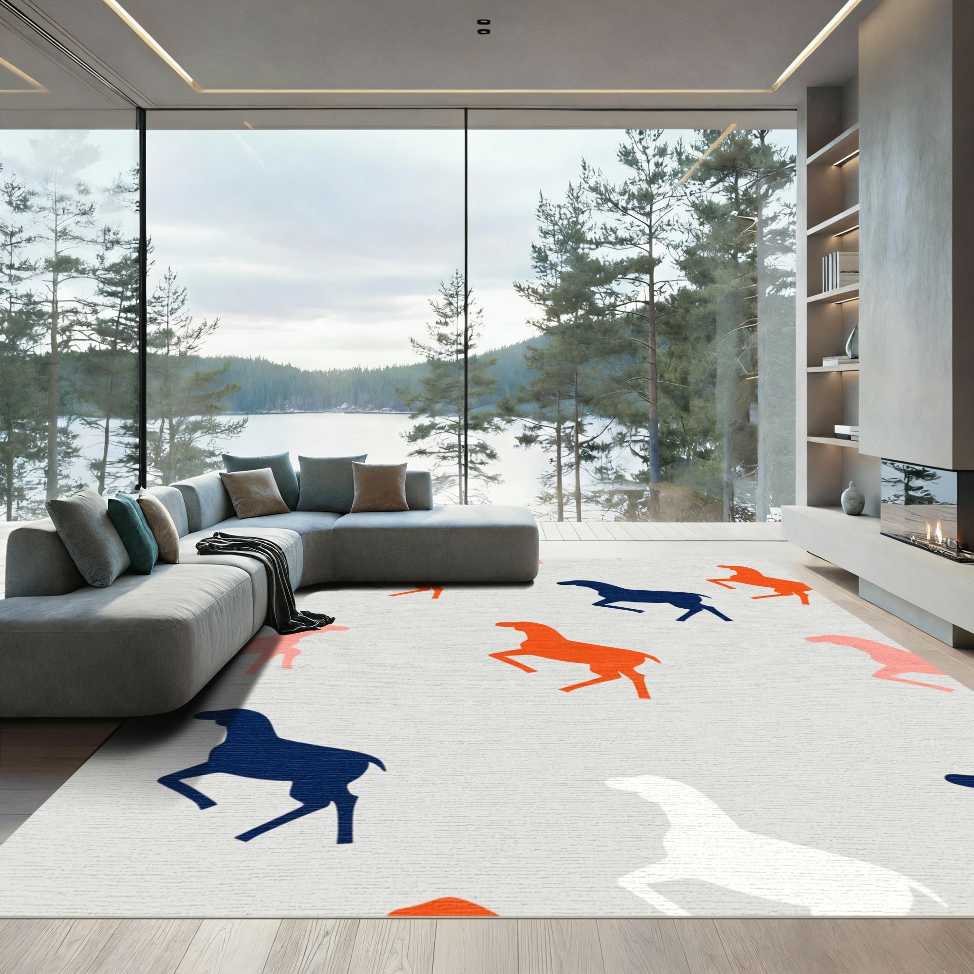 Orange, Blue, Pink Horse Silhouettes Rug