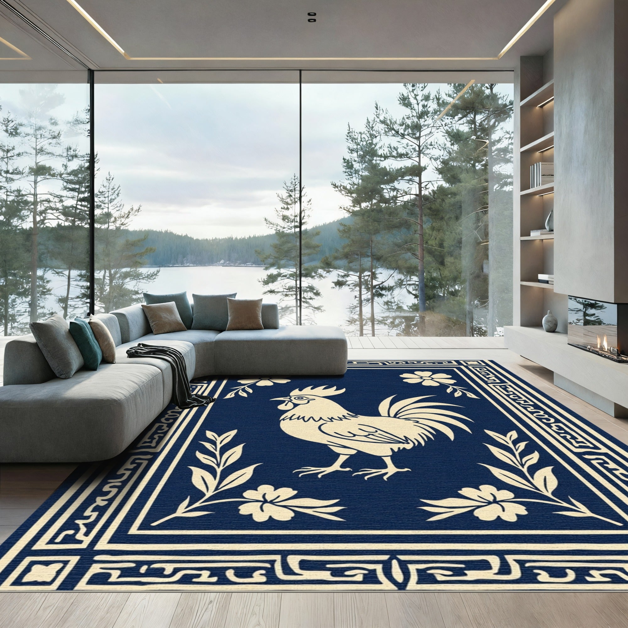 Navy Cream Rooster Floral Border Rug