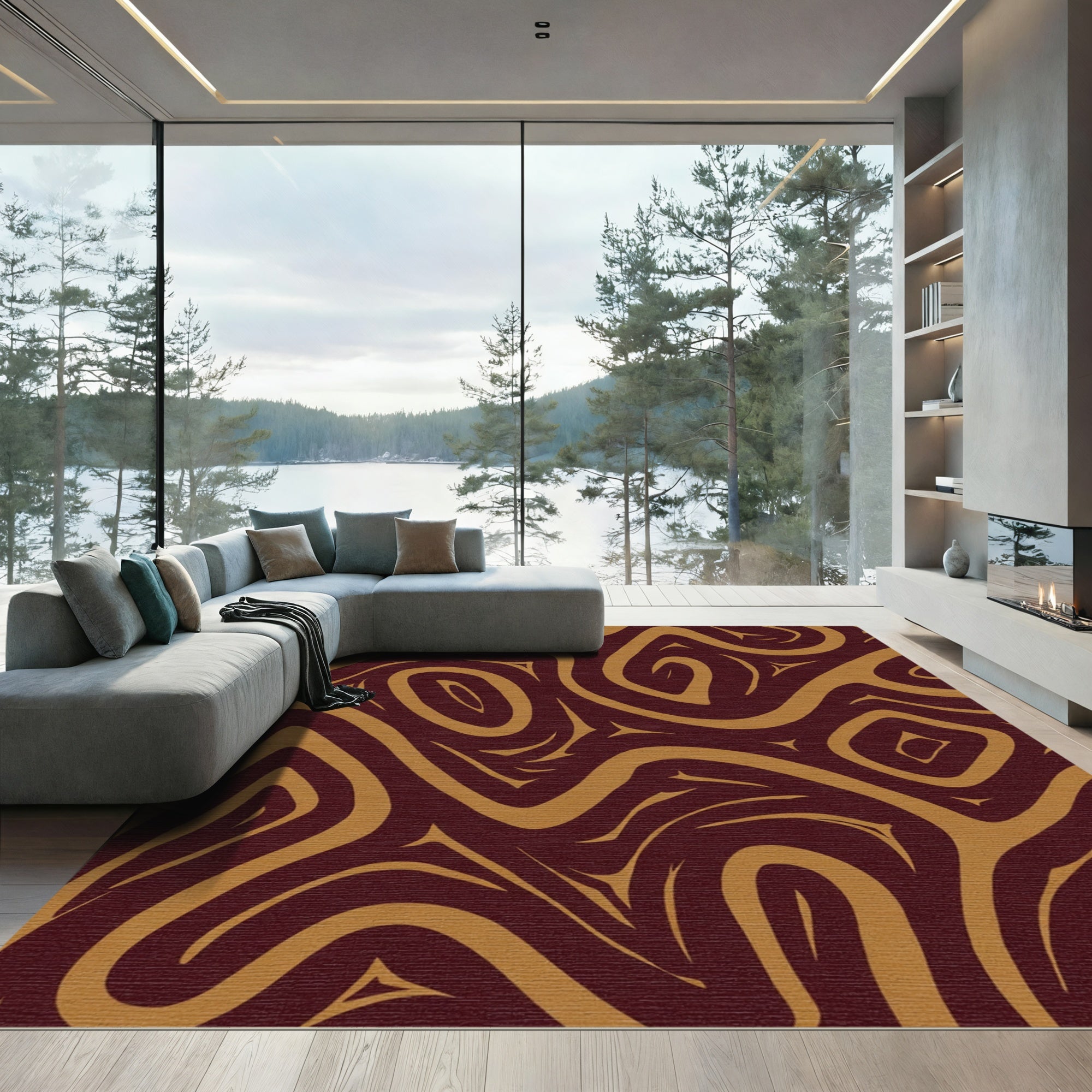 Rich Brown Abstract Swirl Flow Rug