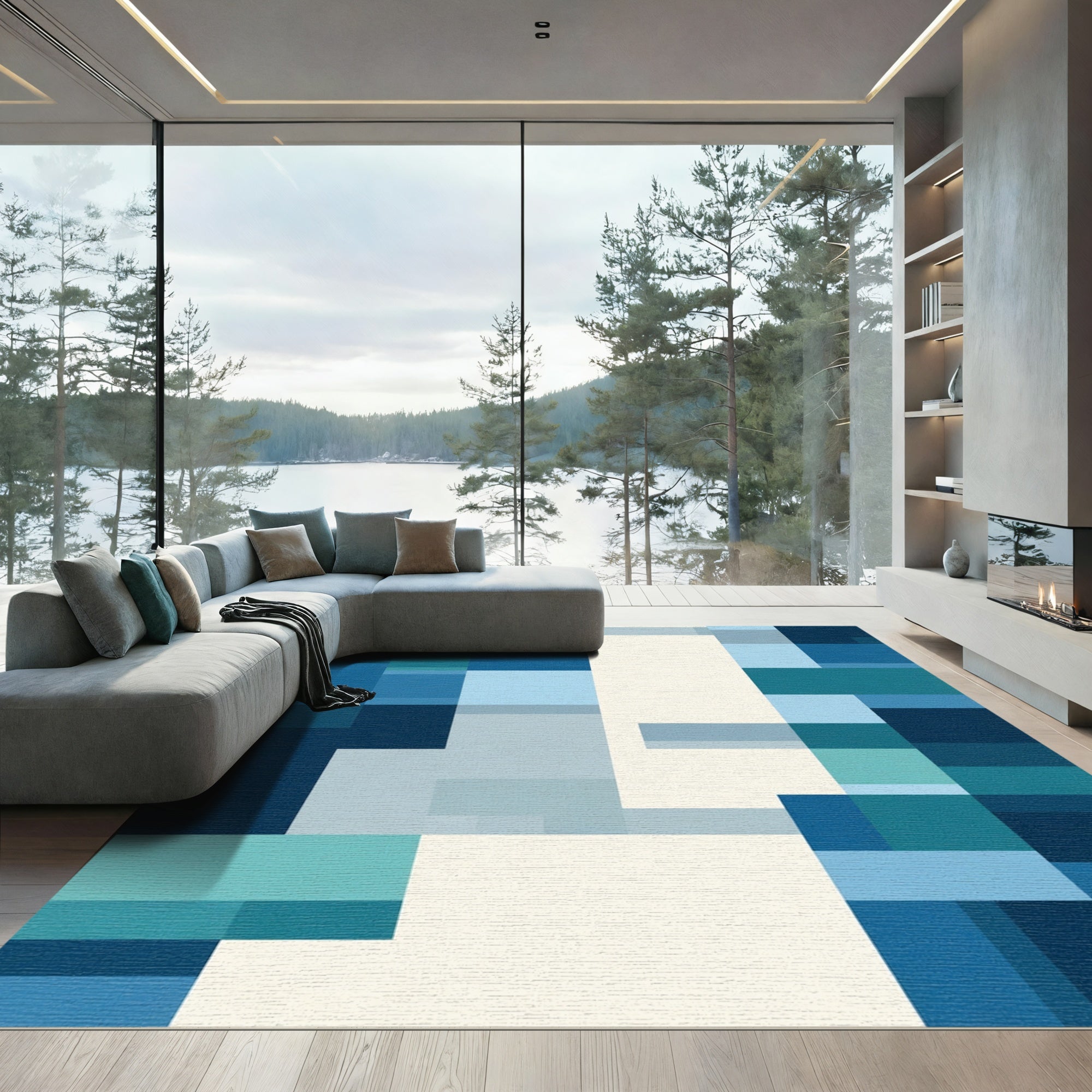 Geometric Blue Teal Blocks Rug