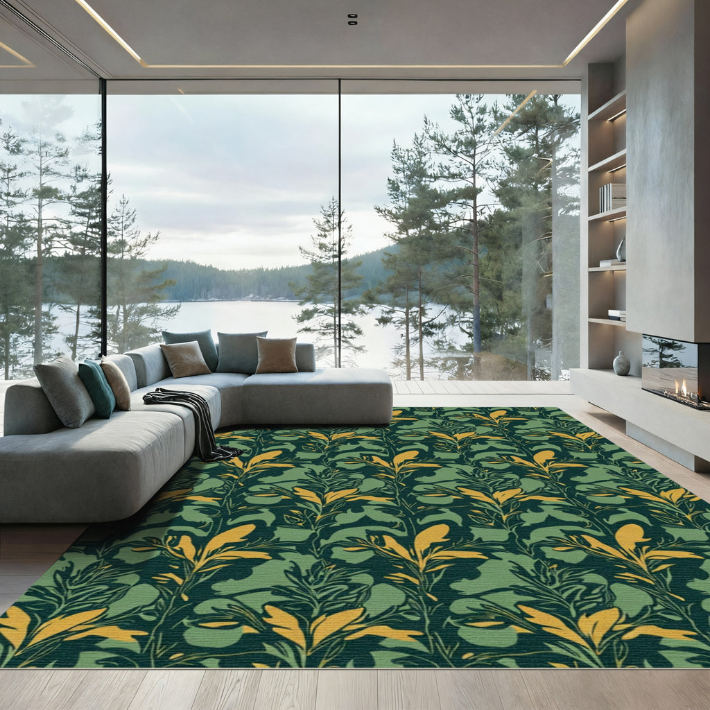 Dark Green Gold Leaf Botanical Rug