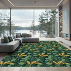 Dark Green Gold Leaf Botanical Rug