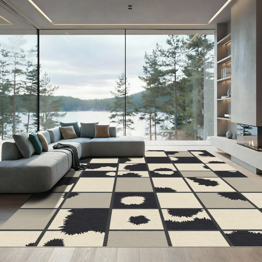 Monochrome Checkerboard Jagged Shapes Rug