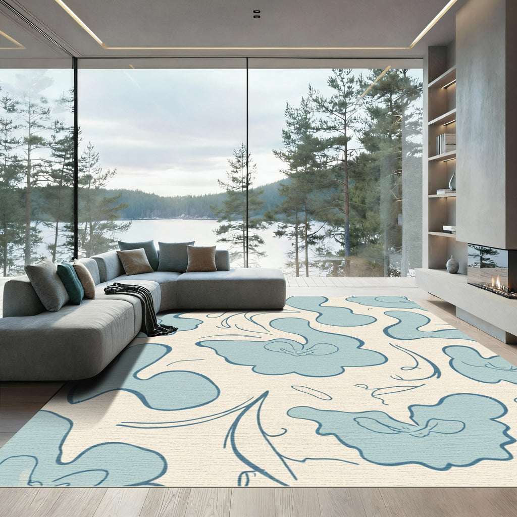 Soft Blue Organic Floral Swirl Rug