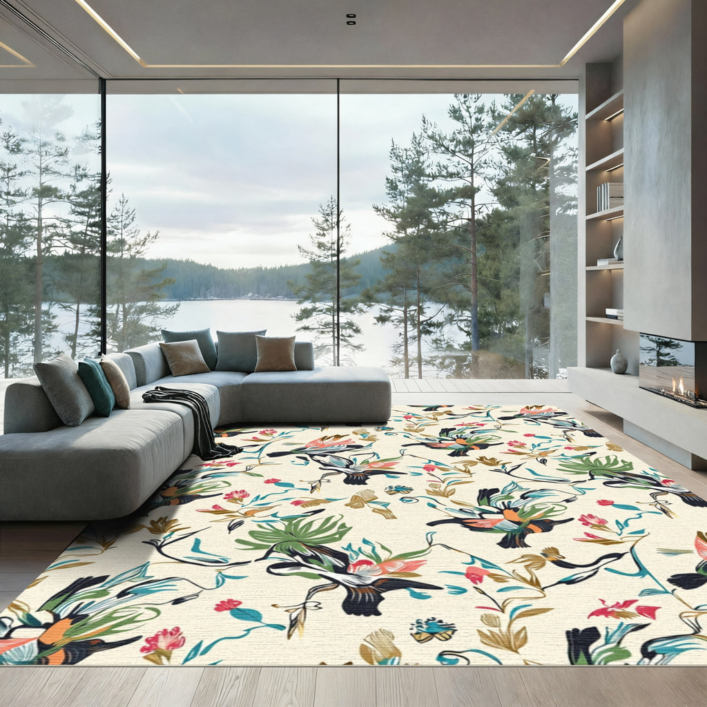 Exotic Birds Tropical Floral Cream Rug