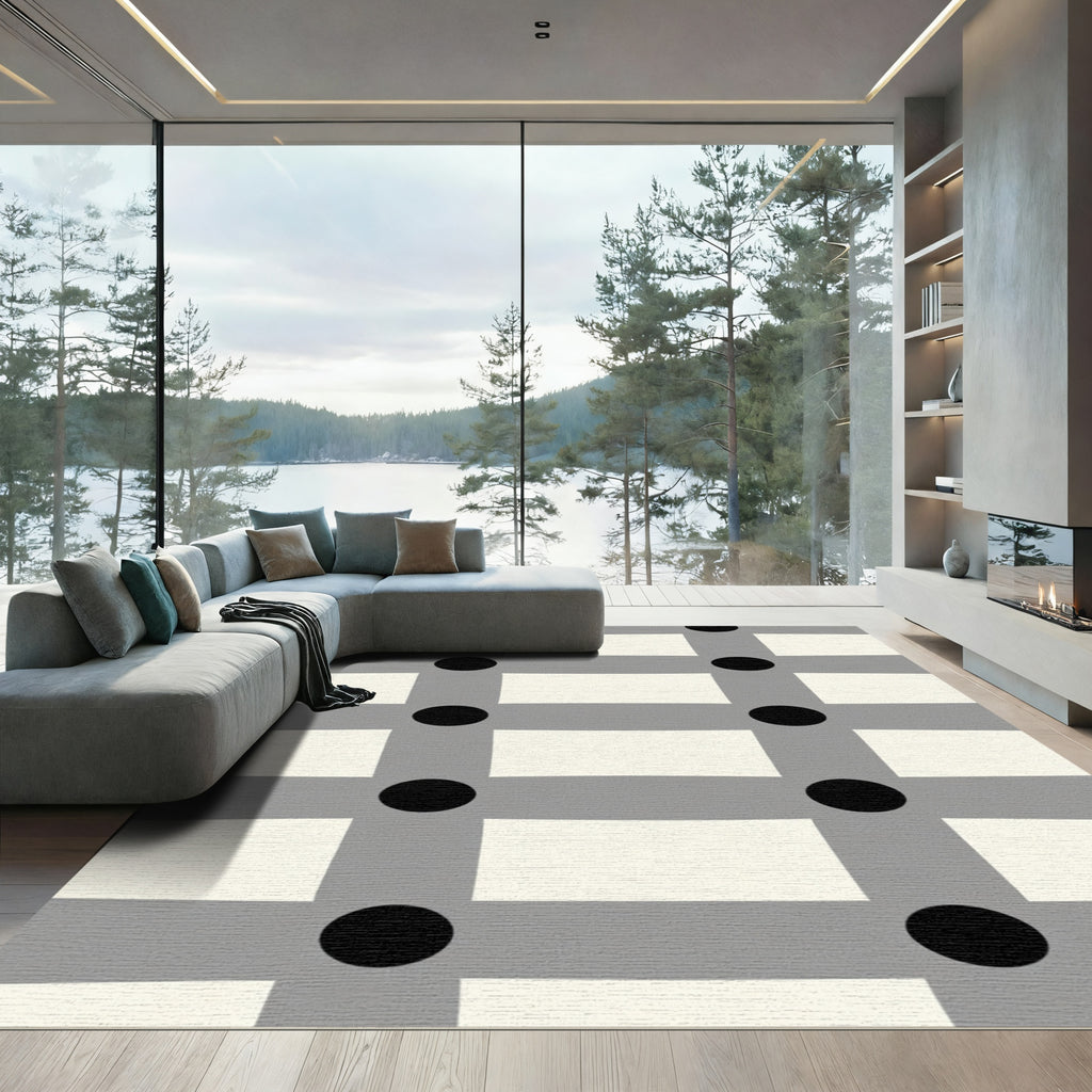 Gray Black Ivory Grid Rectangles Circles Rug