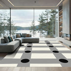 Gray Black Ivory Grid Rectangles Circles Rug