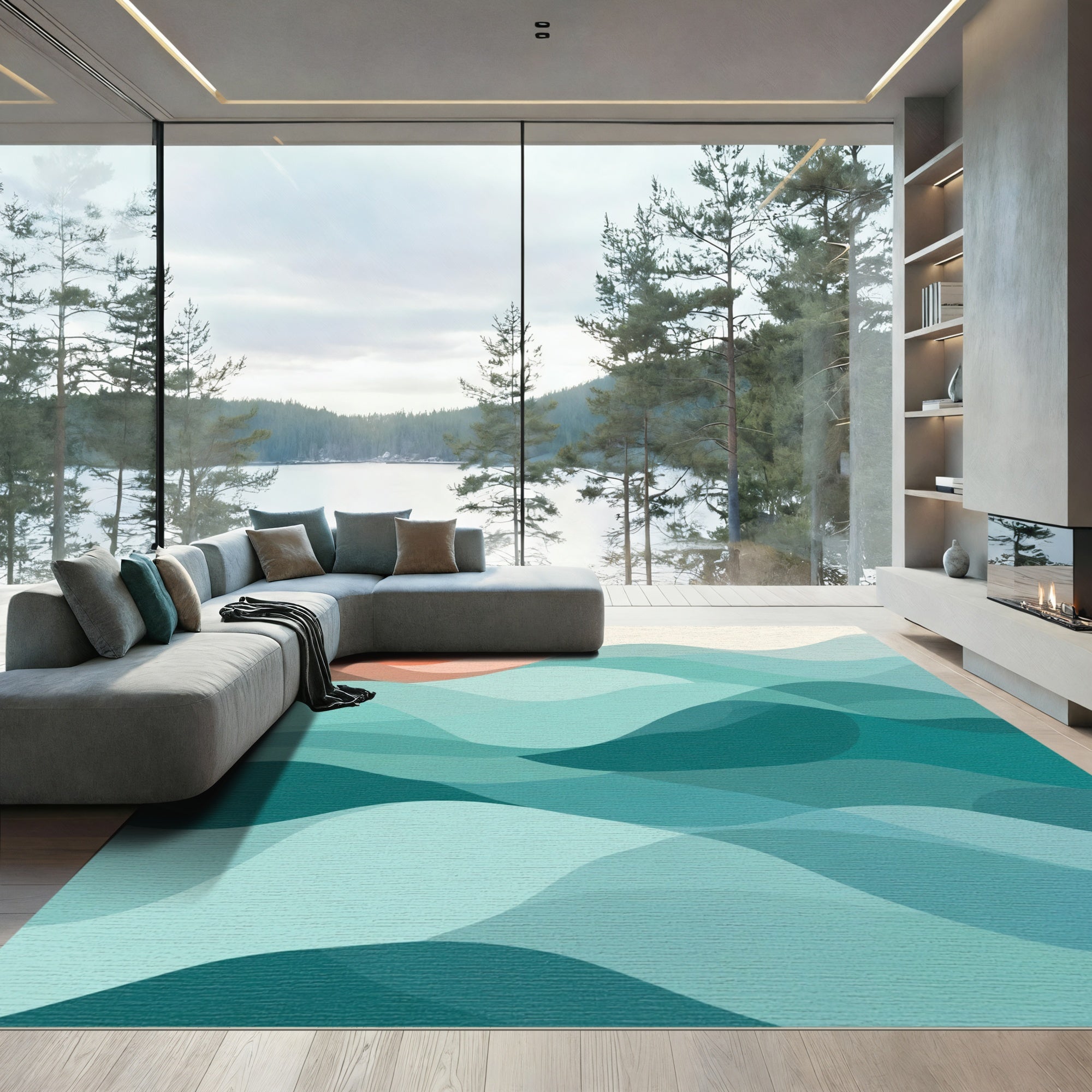 Crimson Sun Over Teal Wave Layers Rug
