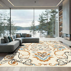 Terracotta Blue Floral Swirl Medallion Rug