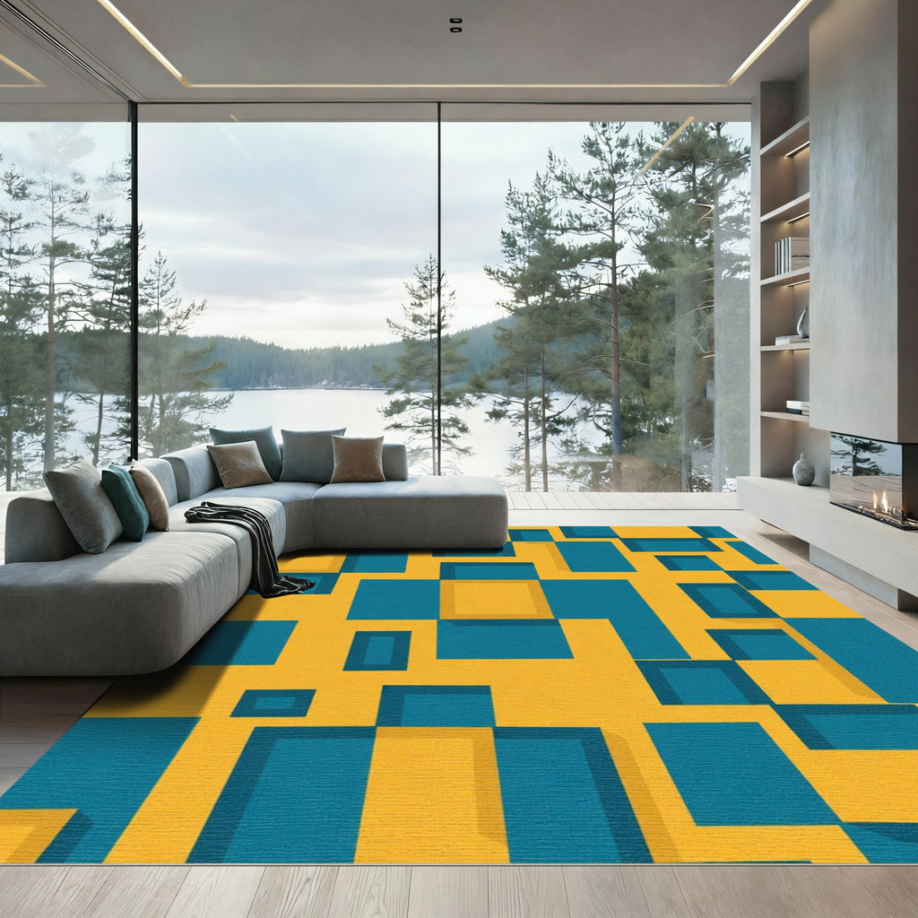 Geometric Cubist Yellow Teal Abstract Rug