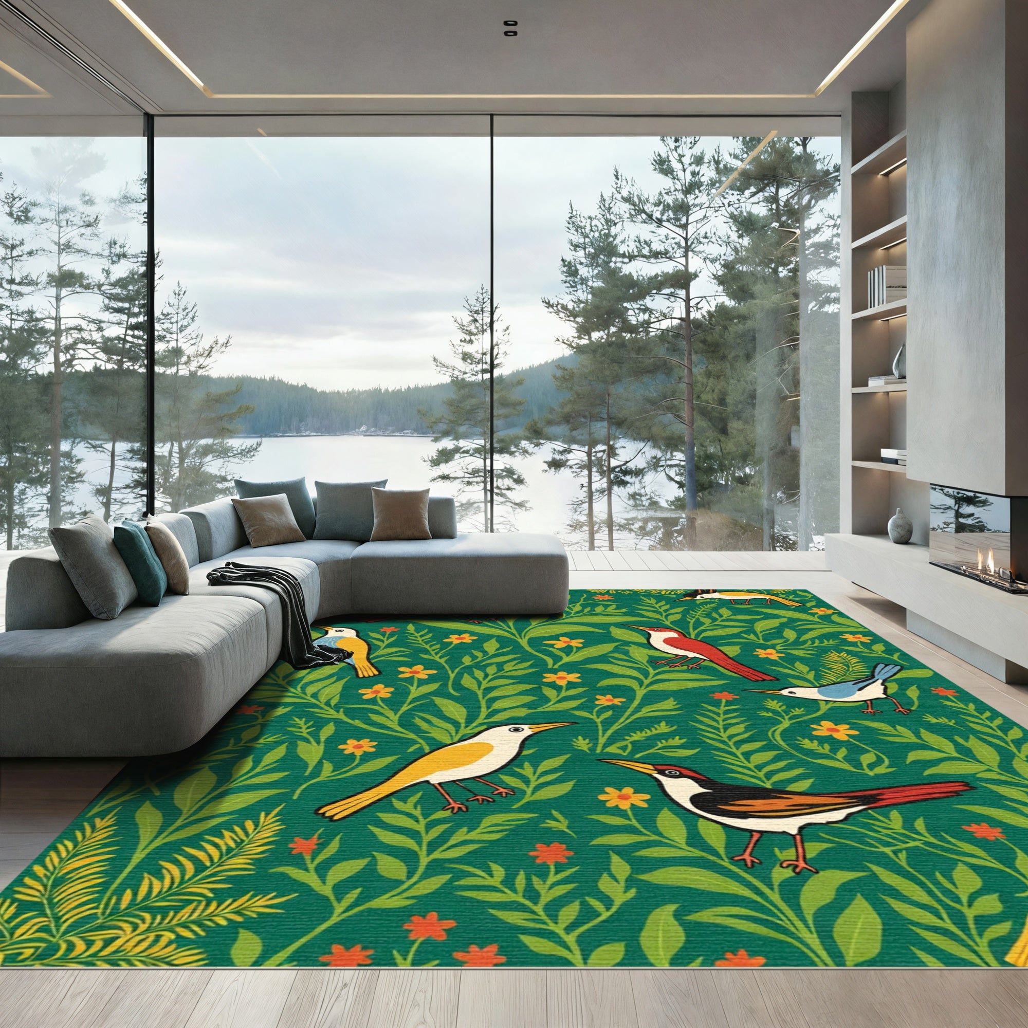 Emerald Green Perched Birds Floral Rug