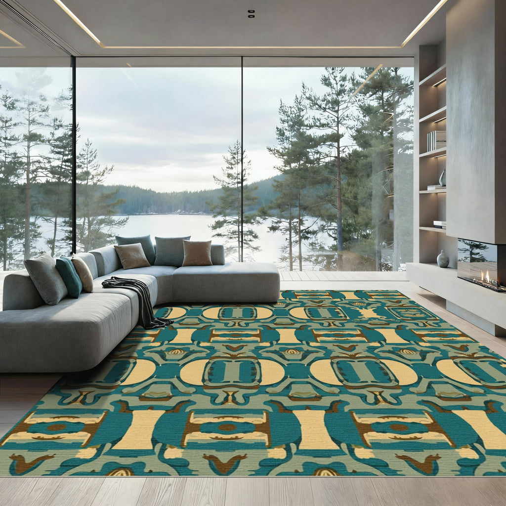 Abstract Teal Tan Geometric Collage Texture Rug