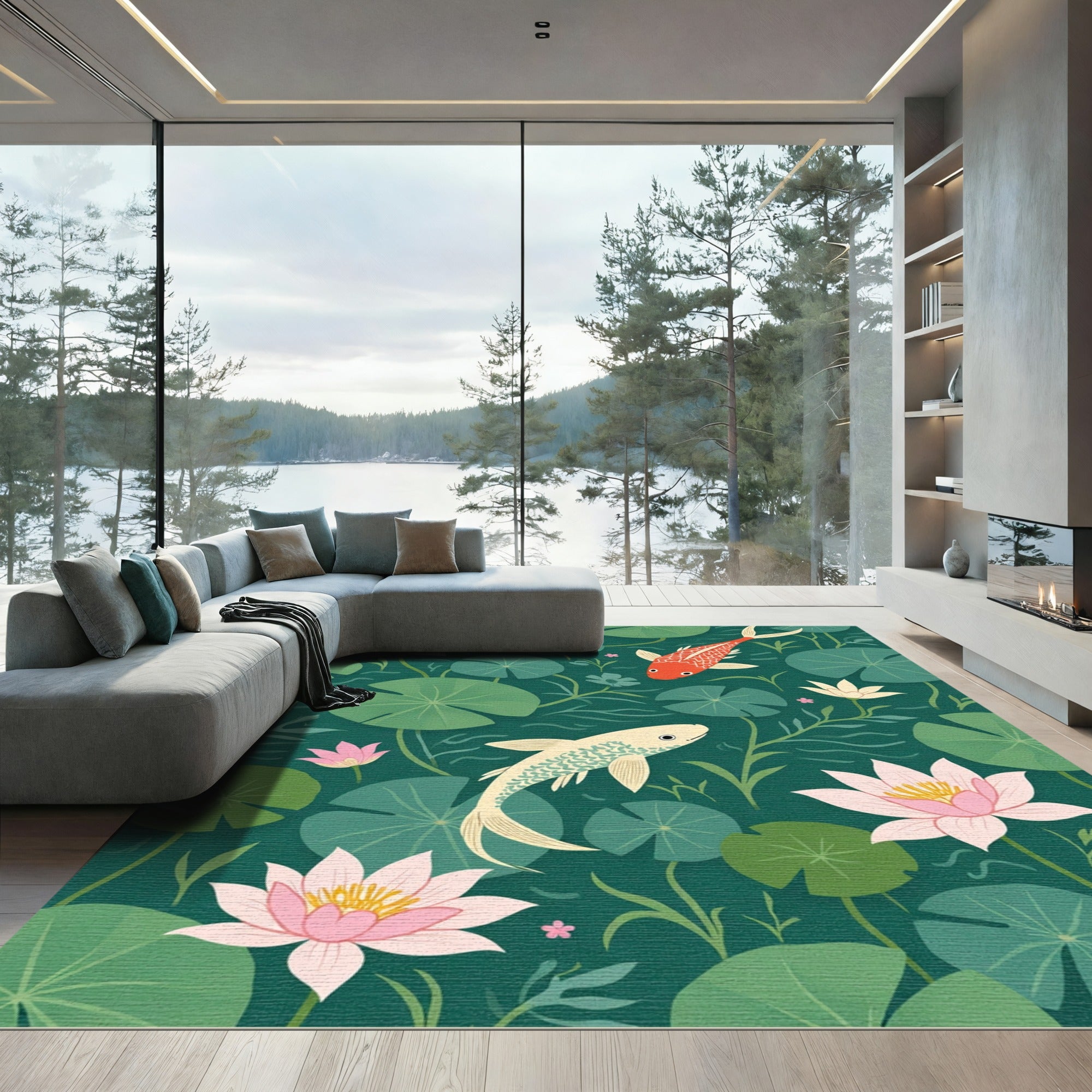 Serene Koi Pond Lotus Garden Rug