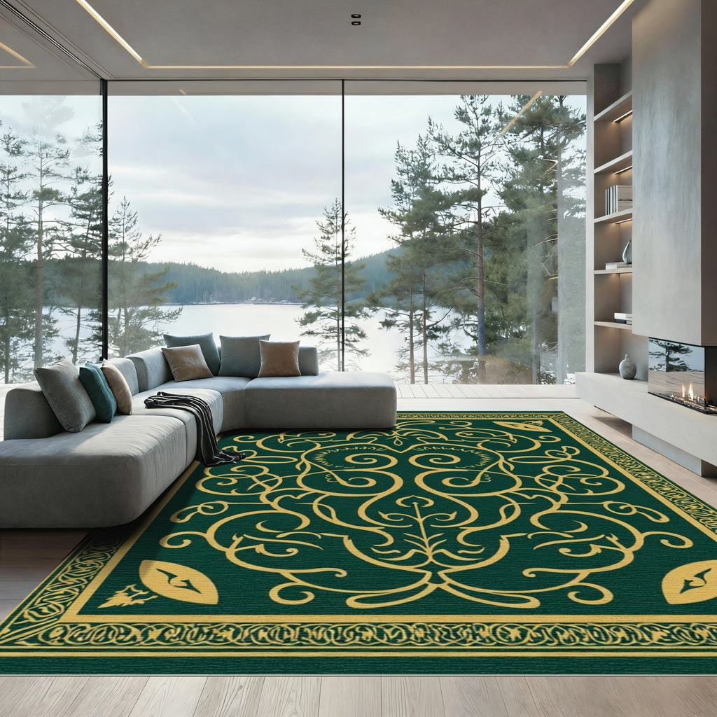 Emerald Gold Arabesque Scrollwork Rug