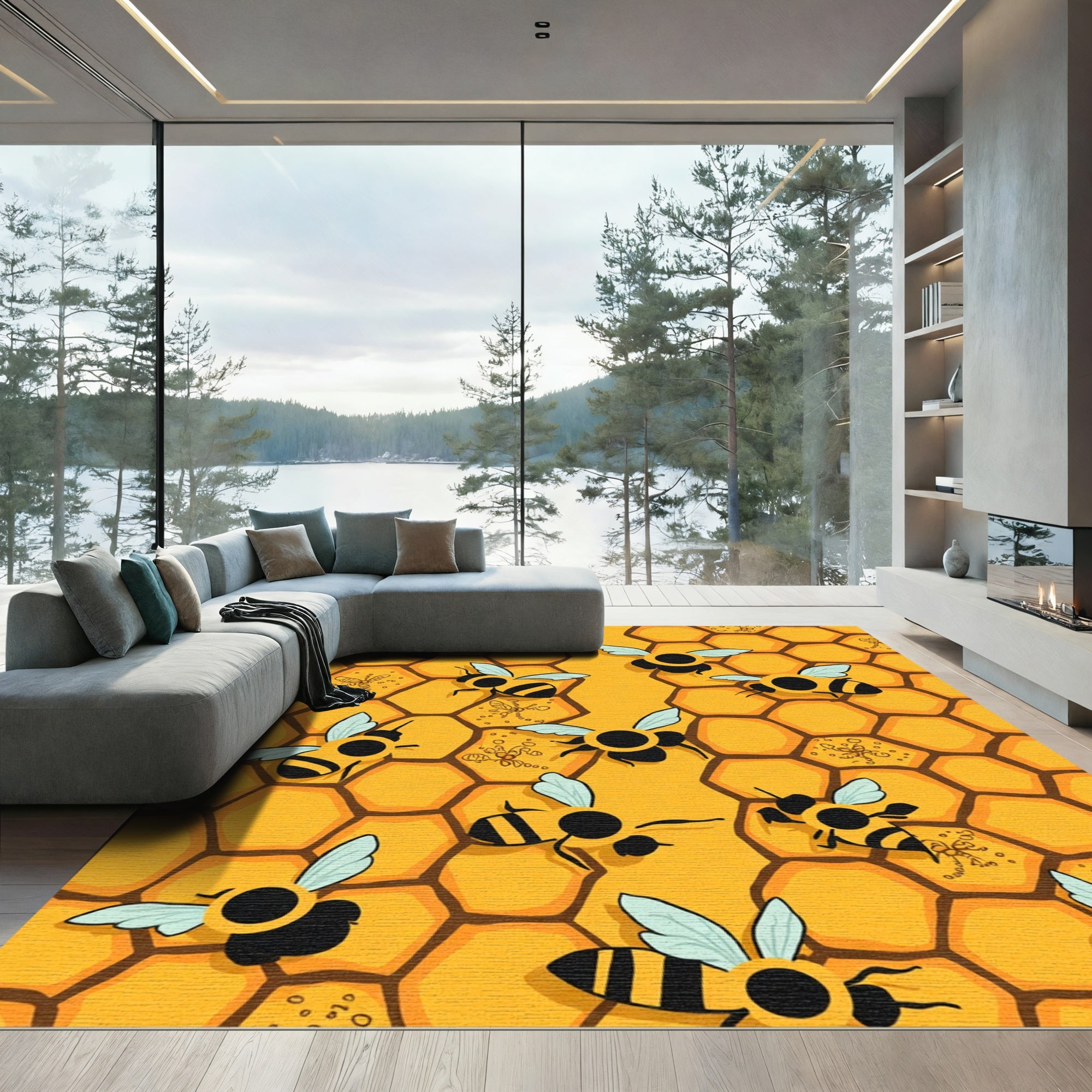 Golden Honeycomb Bee Swarm Rug