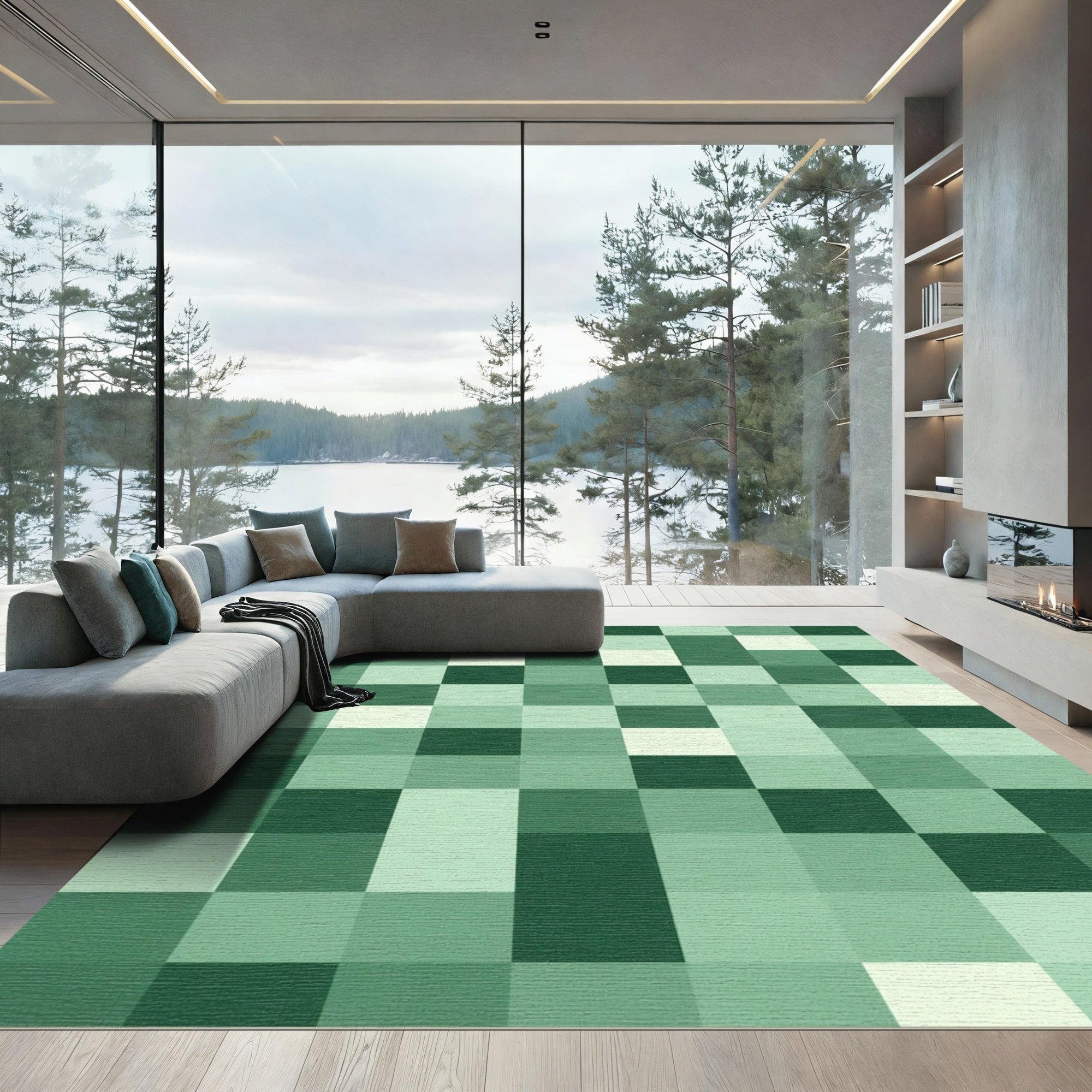 Verdant Forest Green Pixel Squares Rug