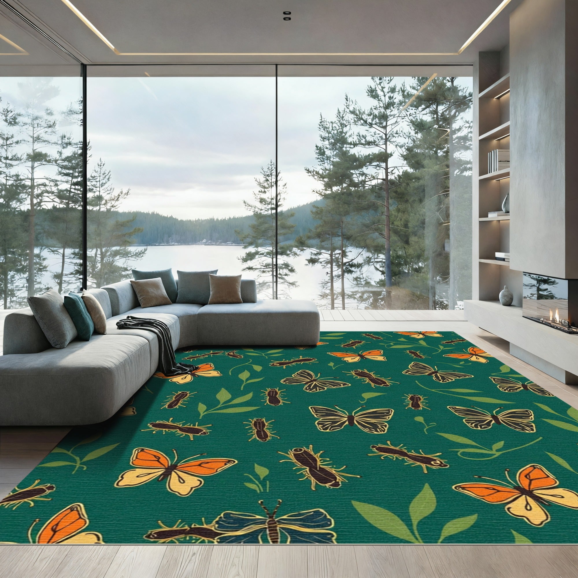 Orange Yellow Butterfly Leafy Background Rug