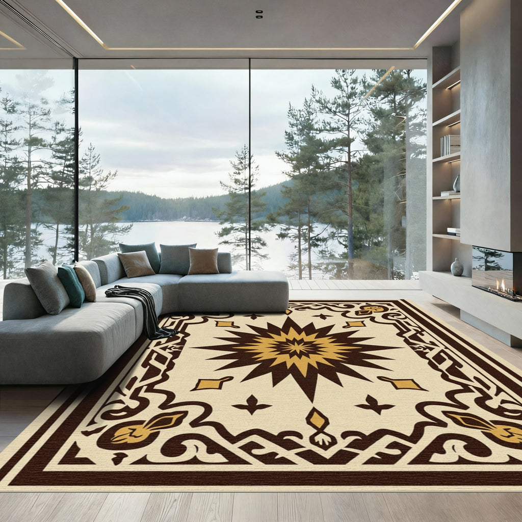 Brown Gold Centered Star Border Rug