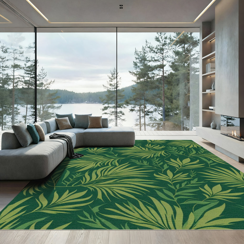 Deep Green Lush Tropical Leaf Rug