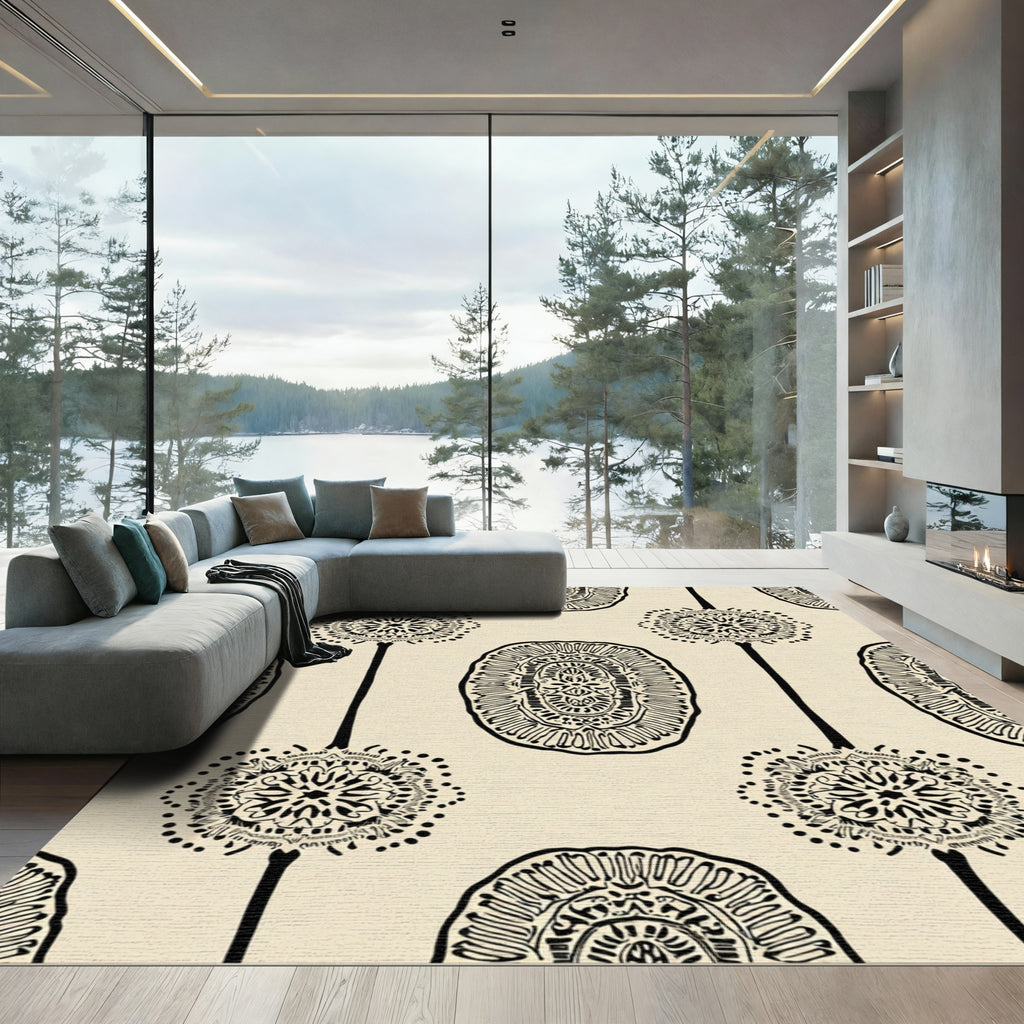 Cream Black Oval Medallion Mandala Rug
