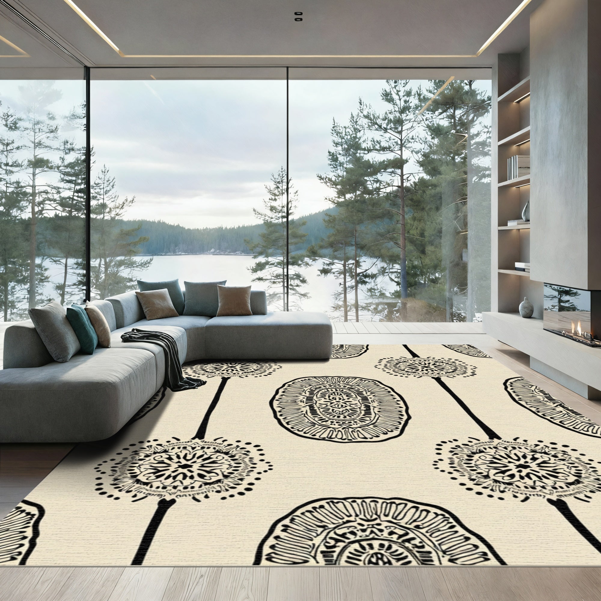 Cream Black Oval Medallion Mandala Rug