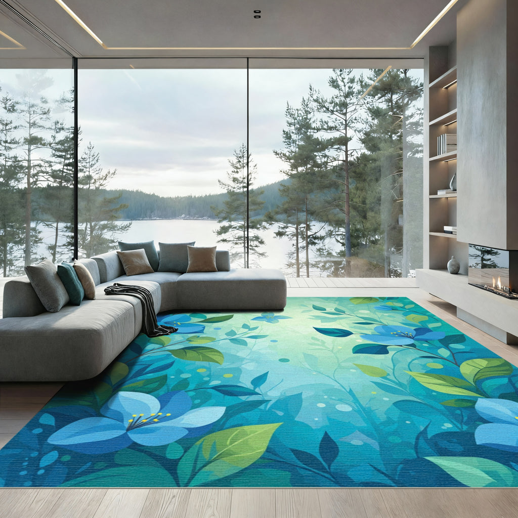 Blue Serene Floral Nature Garden Rug