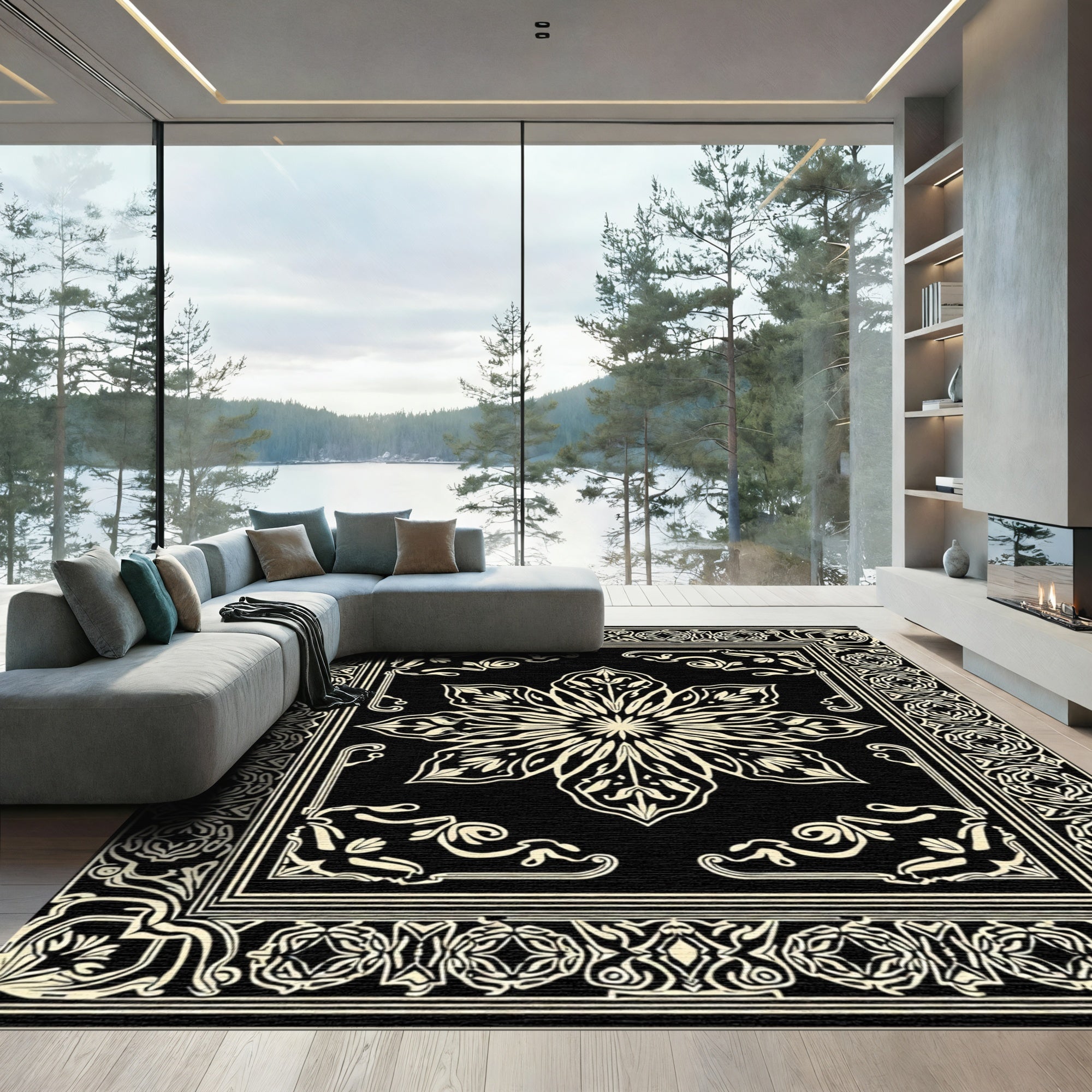 Black Cream Mandala Floral Frame Rug