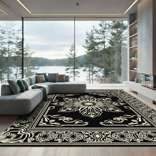 Black Cream Mandala Floral Frame Rug