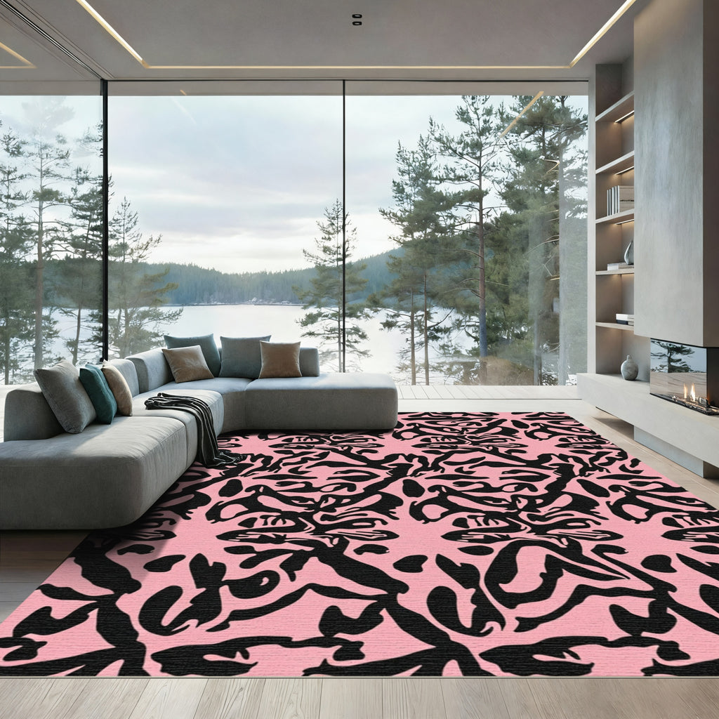 Bold Pink Black Abstract Organic Flow Rug