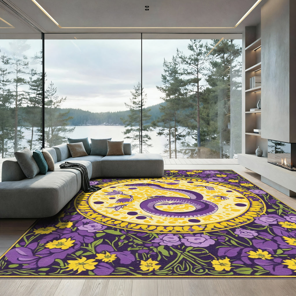 Purple Snake Yellow Floral Sunburst Rug