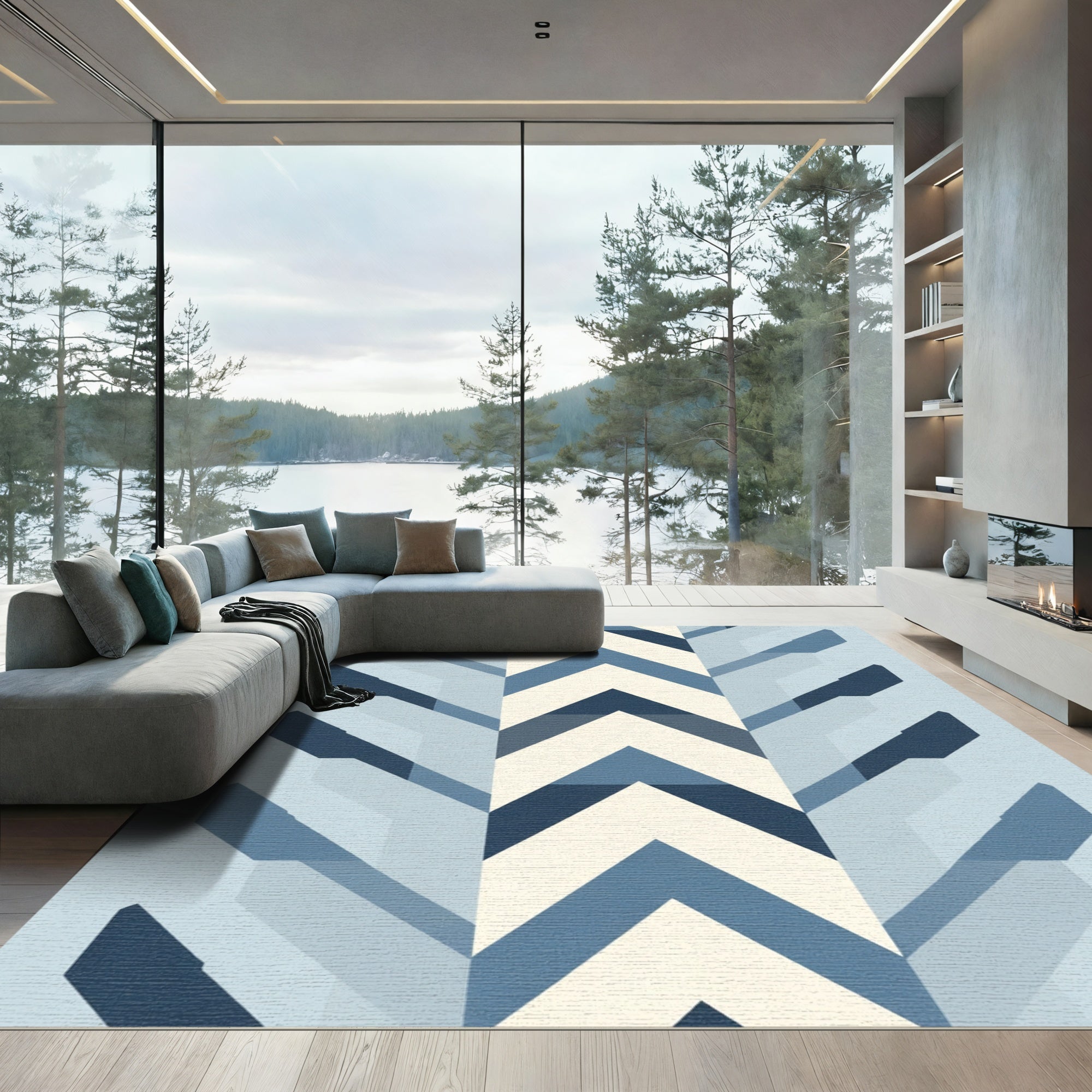Modern Blue Chevron Block Rug