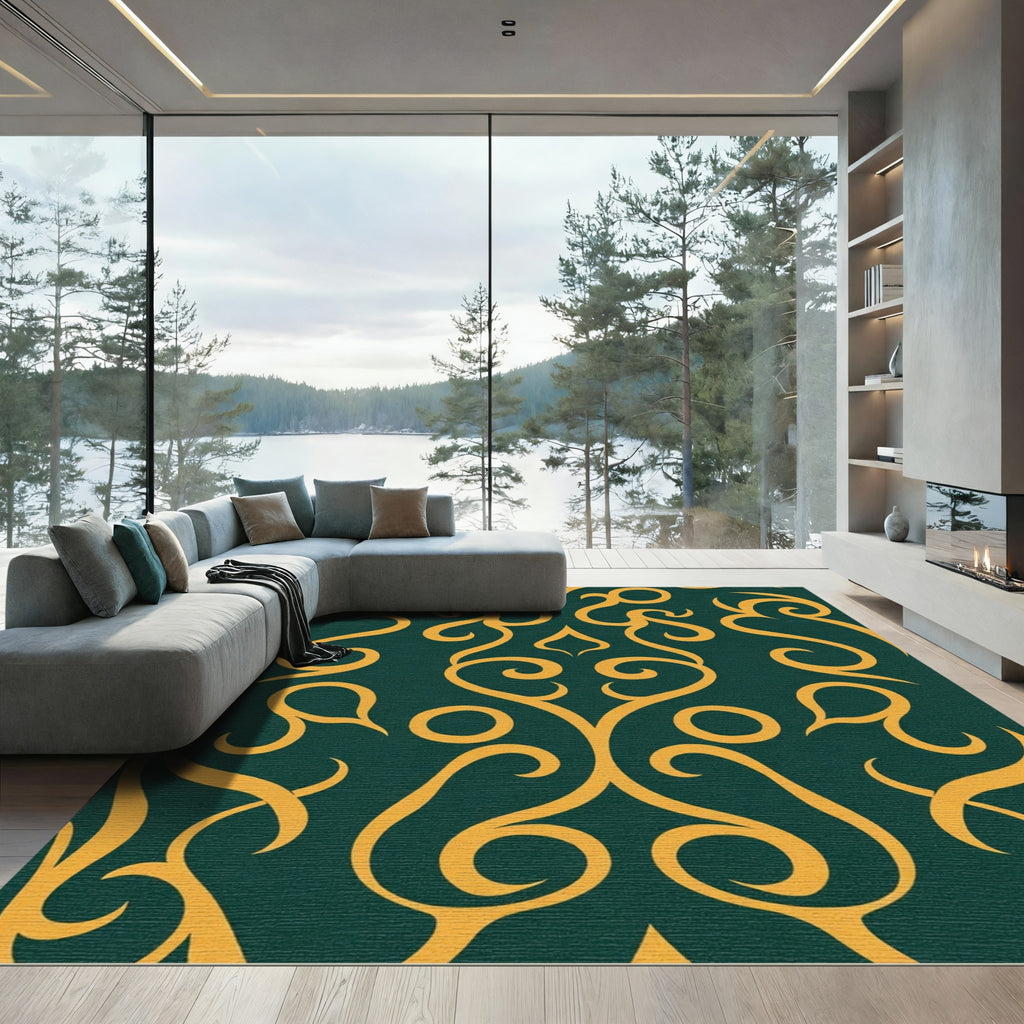 Golden Swirls on Deep Emerald Background Rug