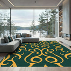 Golden Swirls on Deep Emerald Background Rug