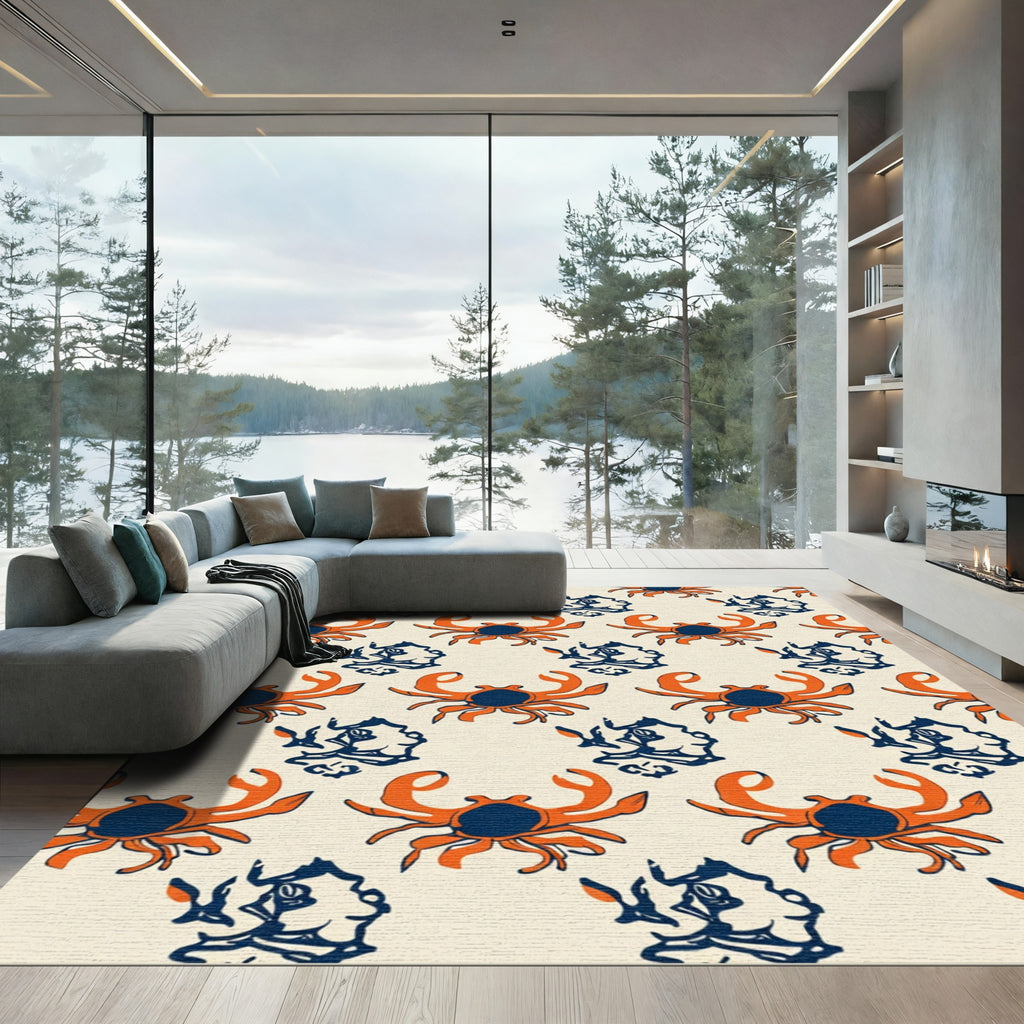Orange Crab And Shell Navy Accents Rug
