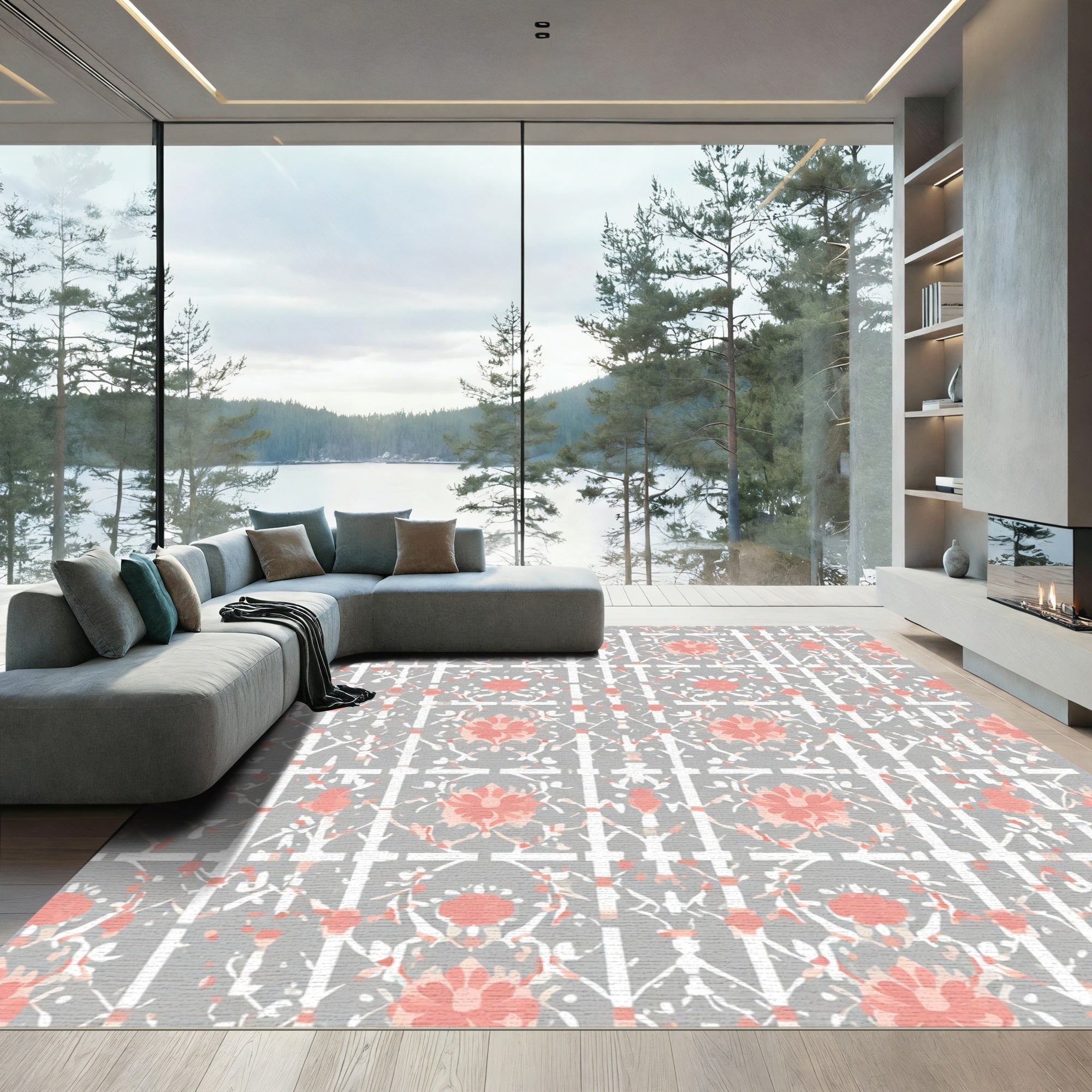 Coral And Gray Floral Trellis Rug